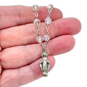 Vintage Sterling Silver 925 Crystal Rosary Necklace 17"